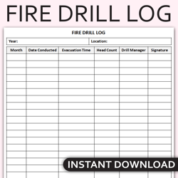 Printable Fire Drill Log, Emergency Preparedness Tracker, Fire Safety Record, Workplace Safety Log, Editable Template