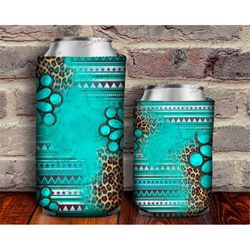 leopard aztec turquoise gemstone can cooler png sublimation design, western can holder, 12 oz. can cooler template, can