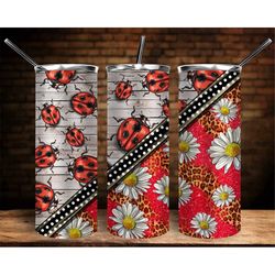 Western Daisy Ladybug With Dots Tumbler Png Sublimation Design,20oz. Skinny Tumbler Png,Leopard Daisy Ladybug Tumbler Pn
