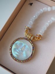 Vintage Antique Opal Necklace With Shiny Rhinestone  Moon Face Crystal Round Pendant Gold Plated Jewelry Girl Gift