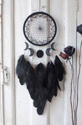 Large Black Handmade Lunar Dream Catcher - Moon Phases and Stars Gothic Black Dreamcatcher Wall Decor