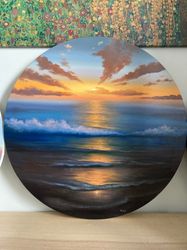 original sunset ocean oil painting, round canvas painting, original canvas art, seascape painting, ocean wall decor