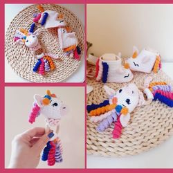 2 Crochet Patterns Rattle Unicorn and Booties, Set Rattle Toy and Booties Unicorn, Cotton Slippers, Newborn Gift