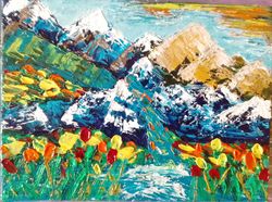 Mountain landscape poster Oil impasto painting