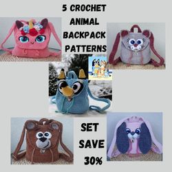 5 crochet animals backpack patterns, Cat Backpack Crochet Pattern, Bunny backpack PDF, Bear Backpack PDF, Bluy Backpack