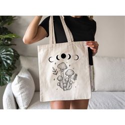 Moon Phases and Magical Mushroom Tote Bag, Celestial Tote Bag, Botanical Tote Bag,Cute Mushroom Tote Bag, Nature Lover T