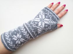 Wool fingerless gloves women's hand knitted fingerless mittens Norwegian winter gloves with stars Christmas gift for Her