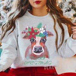 Watercolor Cow Merry Christmas Sweatshirt, Merry Christmas Heifers, Christmas Cow Crewnecks, Cow Farm Christmas T-shirt,
