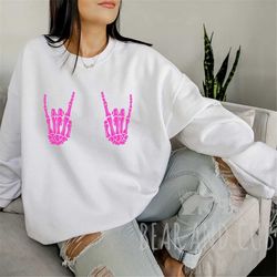 Hot Pink Rock On Skeleton Hands Sweatshirt, Oversized Fall Crewneck, Halloween Sweatshirt, Skeleton Shirt, Skeleton Hand