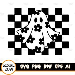Checkered Daisy GhoSvg, Floral Ghost Outline Svg, Checkered Halloween svg, Ghost With Flowers Sublimation Png, Retro Hal