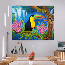 original handmade acrylic painting of tropical vibes with toucan on canvas, wall hanging, home decor, modern painting