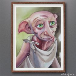 Original watercolor painting Dobby Free Elf portrait, painting for children, gift, decoration for office, playroom, home
