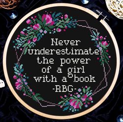 Quote cross stitch pattern, The power of a girl with a book, Ruth Bader Ginsburg, Subversive feminist, Digital PDF