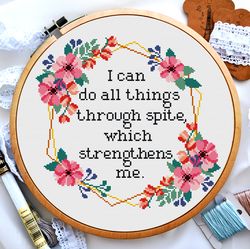 Cross stitch quote, I can do all things through spite which strengthens me, Subversive sarcastic, Digital PDF