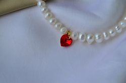 Handmade Red Heart Freshwater Pearl Necklace| Ruby Heart Necklace| Dainty Red Heart Charm Pendant Baroque Pearl Necklace