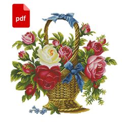pdf cross stitch roses in the basket vintage pattern retro flowers cross stitch scheme pillow