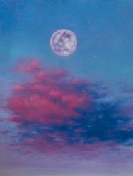 the first stars, oil painting, 7.09 by 9.45, canvas on cardboard, fine art, original art, moon, clouds