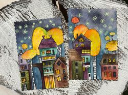 Diptich painting Houses Original art Watercolor Fairytale artwork Cityscape miniature by Rubinova