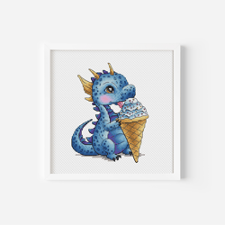 Whimsical Crystal Dragon Cross Stitch Pattern, Majestic Blue Dragon, Cute Icecream Dragon Fire Cozy Pattern, PDF Digital