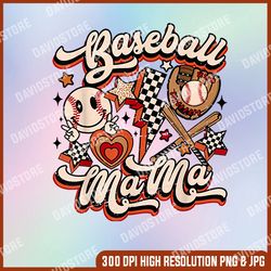 retro baseball mama png, vintage baseball sublimation designs downloads, groovy sport mom life shirt design files sports