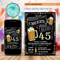 Editable Cheers And Beers Birthday Invitation, Beers Birthday Invitation Instant download