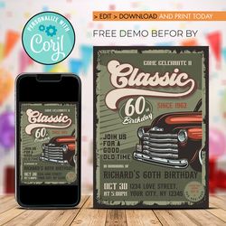 Editable Classic Car Birthday Invitation, Vintage Car Birthday Invitation Instant download
