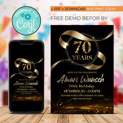 Editable Luxury Golden Birthday Invitation, Golden Birthday Invitation Instant download