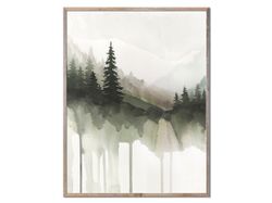 Pine Trees Print Evergreen Trees Watercolor Painting Mountain Forest Abstract Landscape Art Sage Green Brown Wall Art