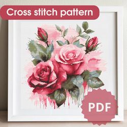 Cross stitch pattern Roses / 180x195st / Cross stitch chart flowers, Modern cross stitch pattern, Watercolor pattern