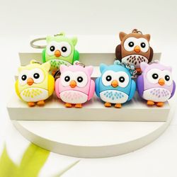 Owl keychain,  Cute animal key ring, Rubber, Pink, yellow, purple, green, blue and brown