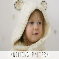 KNITTING PATTERN polar bear hooded cowl x Kids animal snood knit pattern x Bear hoodie x Knit bear pattern x Scoodie