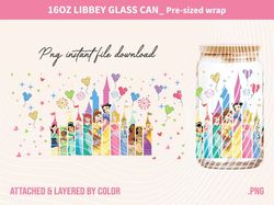 Disney Princess 16oz Glass Can Png File Digital Download, Snow White, Cinderella, Ariel, Aurora, Belle Design Png