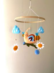Snail Baby Mobile.  Bee Mobile. Forest Glade Mobile. Forest Snail Decor. Rainbow Nursery Mobile.