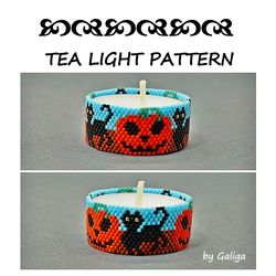 HALLOWEEN Tea Light Holder Pattern PUMPKIN Beading Peyote Candle Cover Black Cat Spooky Tealight Design Seed Bead Decor