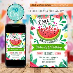 Editable On in a Melon Birthday Invitation, Watermelon 1st Birthday Invitation Instant download