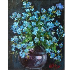 Bluebonnet Painting Forget me nots Original Oil Painting Floral Artwork by OlivKanArt