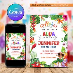 Aloha Birthday Invitation, Summer Aloha Birthday Girl Invitation Canva Editable Instant Download