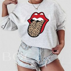 Leopard Tongue Red Lips Sweatshirt, Tongue Out Rolling Stone Rock and Roll, Animal Print Cheetah, Retro Vintage Sweatshi