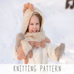 KNITTING PATTERN dragon hooded scarf x Kids hoodie knit pattern x Winter snood pattern x Knit dragon x Chunky scarf knit