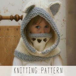 KNITTING PATTERN snood arctic fox x Snood knitting pattern x Chunky hoodie pattern x Knit fox, cat pattern x Kids hood