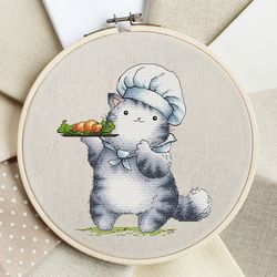Cat Chef Cross Stitch Pattern PDF, Kitten Counted Cross Stitch, Kitty Hand Embroidery, Instant Download Digital File