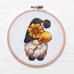 Gnome Cross Stitch, Fairy Creature Cross Stitch Pattern, Dwarf Hand Embroidery Design, Sunflower Needlepoint PDF File