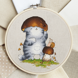 Mushroom Kitten, Funny Grey Cat Cross Stitch Pattern,Snail Hand Embroidery Design,Beginner Needlepoint Digital PDF File