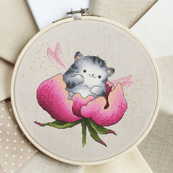 Fairy Kitten, Funny Magic Cat Cross Stitch Pattern, Butterfly Hand Embroidery Design, Beginner Needlepoint Digital PDF