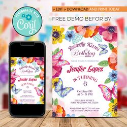 Editable Butterfly Birthday Invitation, Girl Birthday Invitation Instant download