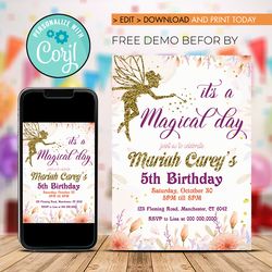 Editable Gold Glitter Fairy Birthday Girl Invitation Instant download