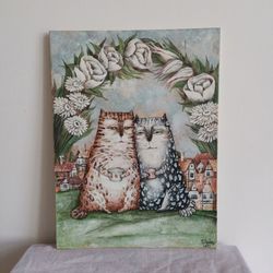 painting "cats" canvas on cardboard. made in tempera and watercolor, varnished.