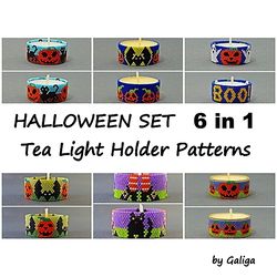 HALLOWEEN Tea Light Holder Pattern Set of 6 PUMPKIN Beading Peyote Patterns Candle Holder Bat Cat Witch Legs Beaded