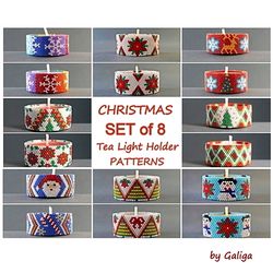 Tea Light Holder Peyote Patterns SET of 8 Christmas Tree Santa Deer Snowflake Xmas Beading Pattern Candle Cover Beaded
