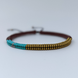 Boho beaded men's bracelet in brown turquoise color